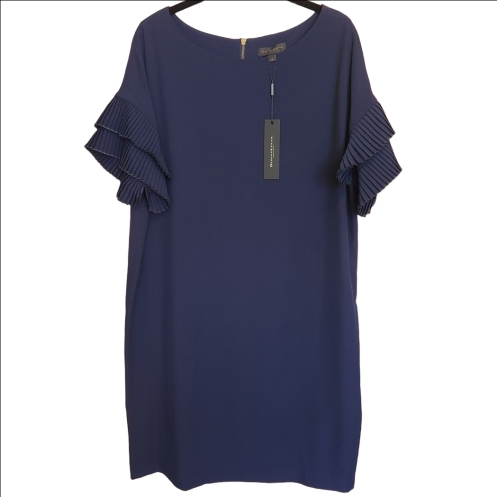 DONNA KARAN PLEATED RUFFLE SLEEVE NAVY BLUE SHIFT DRESS SIZE 10 NWT